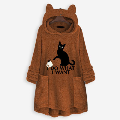 

Tailored Women Fleece Embroidery Cat Ear Plus Size Hoodie Pocket Top Sweater Blouse