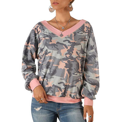 

Women Long Sleeve T-shirt Casual Sexy Skew Collar Print Loose Basic Tops