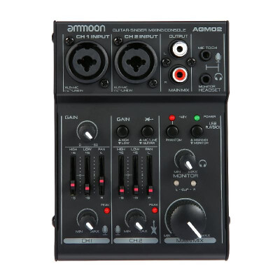 

ammoon AGM02 Mini 2-Channel Sound Card Mixing Console Digital Audio Mixer 2-band EQ Built-in 48V Phantom Power 5V USB Powered for