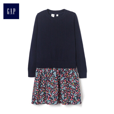 

GAP flagship store girls stitching printed knit long sleeve dress 395159 navy blue
