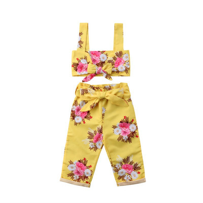 

2pcsset Children Baby Girl Set Summer Fashion Concise Flower Pattern Tube Top&Sweet Bow-knoted Decor Long Pants Girls Set