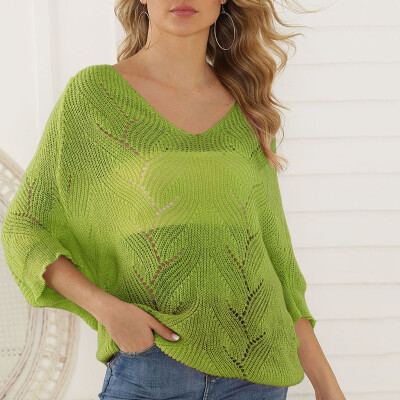 

Tailored Women Casual Solid V-Neck Pullover long Sleeve Loose Knitted Sweater Tops