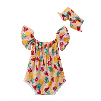 

Summer Newborn Girls Rompers Set Flare Sleeve Fruit Print Jumpsuit For Girls Clothes with Headband