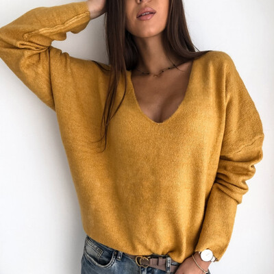 

new autumn winter Women v-neck solid Sweater Pullover Female Knitted sweaters Jumper casual Knitwear Pull Femme jersey