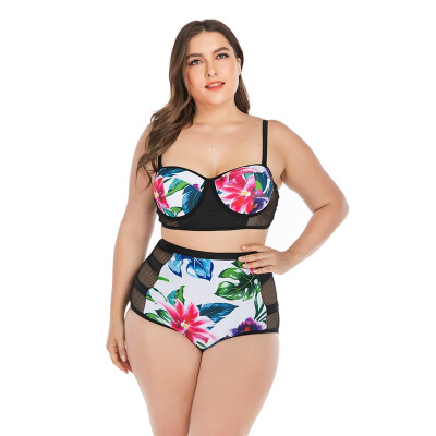 

Women Tankini Floral Patchwork Strappy High Waist Mesh Swimwear Bikini Top Bottom Lady Plus Size Swimsuit Beach Swimming Suit