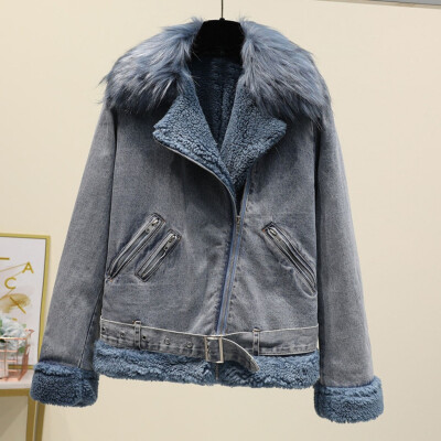 

Toponeto Winter Women Jean Jacket Thicken Warm Fleece Long Sleeve Denim Coat Punk Outwear