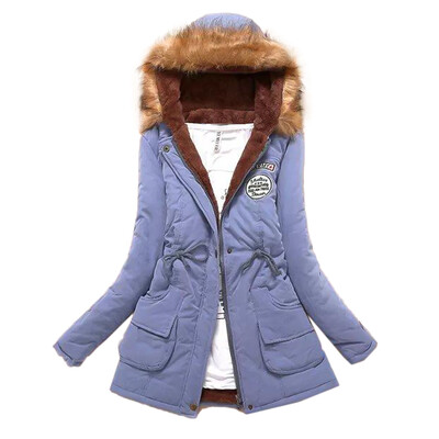 

Winter Women Warm Long Sleeve Coat Faux Fur Collar Hooded Zipper Button lace Up Parka Outwear