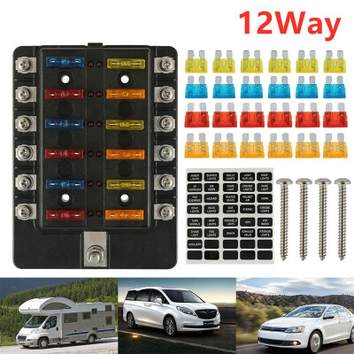 

12 Way Universal Circuit Standard Blade Fuse Box Holder with LED Warning Indicator Damp-Proof Cover