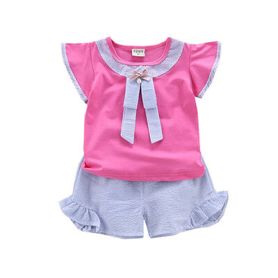 

Summer Baby Girls Clothes Casual Flare Sleeve T-shirt Tops With Bowknot DesignStriped Shorts Suits Costume Set