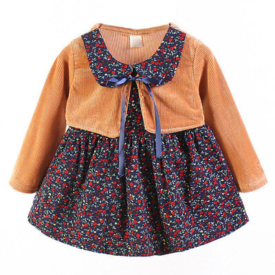 

New Autumn Casual Baby Girls Clothes 0-4T Floral Print Long Sleeve Fake 2 Piece Dress Cute Toddler Kids Sundress
