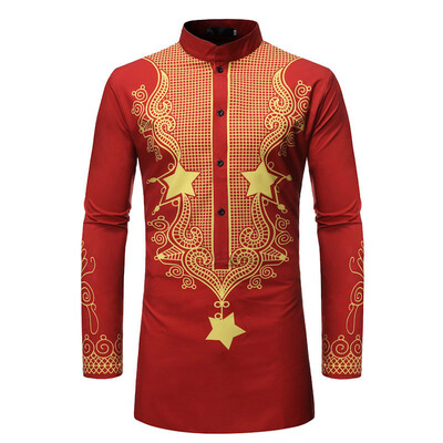 

Mens Printed High Neck Party Ethnic Tops Casual Plus Size Long Sleeve Shirts