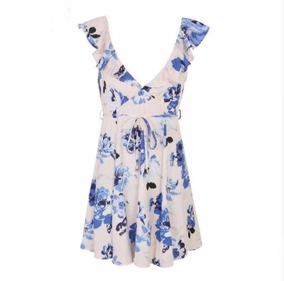 

V neck print backless sexy short dress women Ruffle sleeveless sash summer dress 2018 Beach elegant mini dress vestido