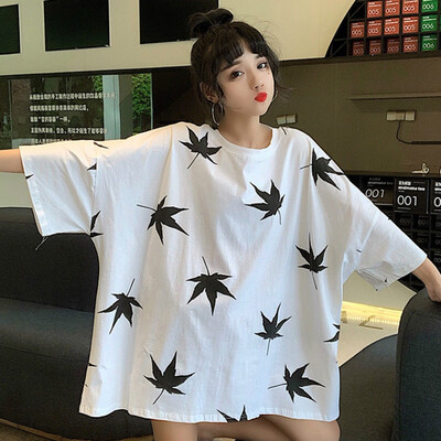 

Loose Women Tshirt Round Neck Leaf Print Ladies Summer Tops Harajuku Korean Style Mid-sleeve Tees Plus Size