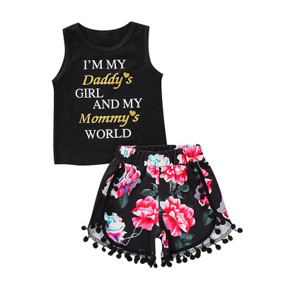 

Baby Girls Casual Sleeveless Letters Summer Print Tops Vest With Flower Shorts Outfits Set