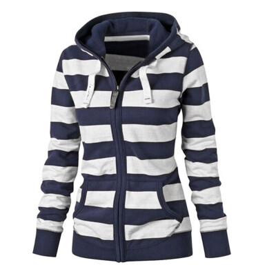 

Tailored Women Casual Stripe Print Zipper Outerwear Hooded Sweatshirt Jacket Slim Coats