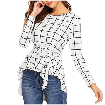 

Tailored Womens Fashion Round Collar Trim With Plaid Print Irregular T-shirt Tops