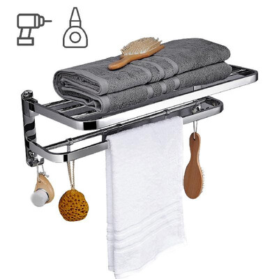 

Towel Rack for Bathroom Double Towel Bar with Shelf Folding Shower Towel Holder Wall Mounted Stainless Steel Hotel Style