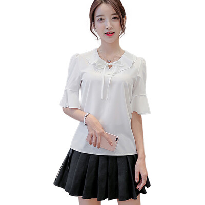 

Spring Summer chiffon shirts women elegant short sleeve blouses women OL Ruffles collar Petal Sleeve tops office plus size