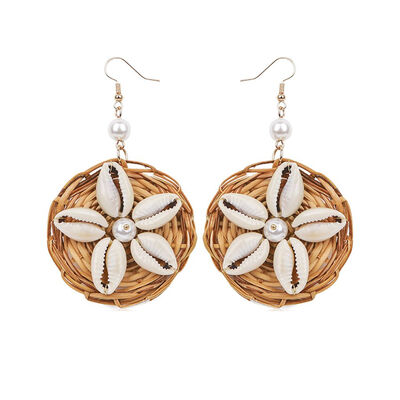 

Women Round Pendant Earrings Girls Rattan Woven Flower Eardrops Conch Ear Hook Jewelry Gifts