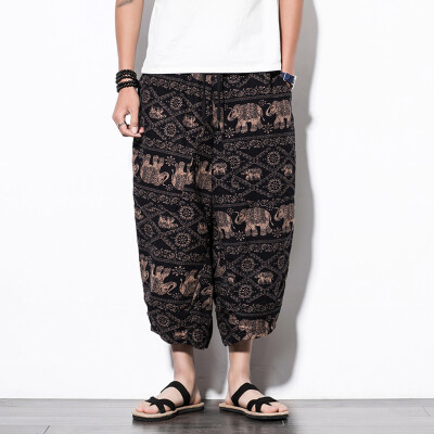 

Gobestart Men Casual Retro Printed Streetwear Drawstring Calf-Length Pants Harem Trousers