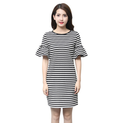 

New Women Casual Striped Short Sleeve O-neck Above Knee Dress Butterfly Sleeve Mini Dresses Lady Girl Lovely