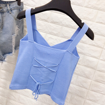 

Bow Button Beading Knitted Crop Tank Top Lace Up Cropped Tees Camis Women Sleeveless Casual V-Neck Pullover Korea Style