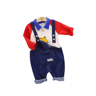 

0-4T Spring Autumn Casual Baby Long Sleeve Cartoon Printing Top And Suspender Jeans Kids Two-piece Outfit Set