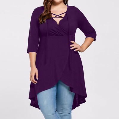 

Tailored Plus Size Lady Womens Top Three Quarter Sleeve Shirt High Low Hem Tops Blouse
