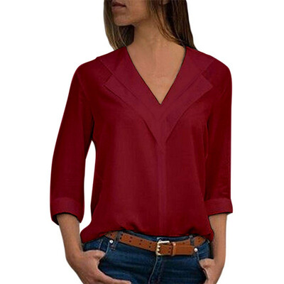 

Blouses Women Long Sleeve Solid Color Shirts Fashion Girl V-neck Chiffon Shirt Office Ladies Plain Roll Sleeve Female Blouse Top