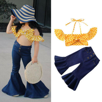 

UK Holiday Kid Baby Girl Off-Shoulder Halter Tops Flared Pants Leggings Clothes