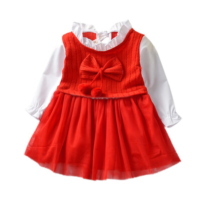 

Autumn Casual Baby Girls Bowknot Design Long Sleeve Fake 2 Piece Mesh Dress Kids Princess Sundress 2019