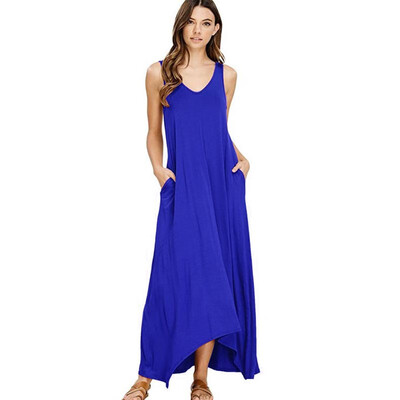 

2019 New Women Dress Vest Sling Family Summer Dress Beach Sexy Pocket Long robe femme Irregular Sleeveless Dress