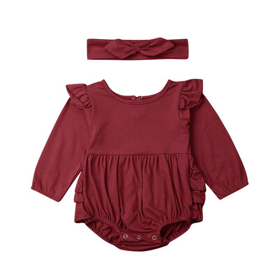 

Baby Girl Cotton Infant Long Flare Sleeve Autumn JumpsuitHeadband Newborn Romper Set