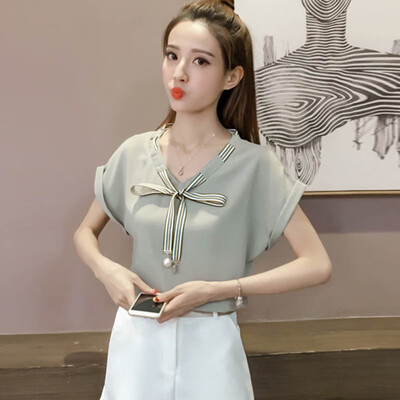 

Summer Bow V Neck Solid Womens Tops And Blouses Short Sleeve Pullover Office Chiffon Femme Blouse vadim 2019 Korean Style