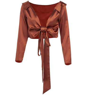 

2019 New Women Shirt Fashion Bandage Long Sleeve V-neck Shirt Women Casual Solid Color Crop Tops Female Clothing