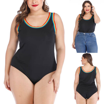 

Gobestart Womens Plus Size Sexy Bodysuit Sleeveless O-Neck Rainbow Print Bodysuits