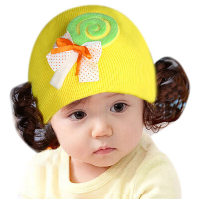 

Newborn Cute Baby Hat Toddler Baby Warm Knit Hat Girls Caps Cartoon Bowknot Cap Girls Fake Hair Wig Hats Kids Headwear