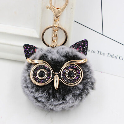 

Women Owl Faux Rabbit Fur Fluffy Key chain Key Ring Pompom Ball Pendant Cute