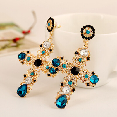 

New Baroque Style Crystal Luxury Gold Cross Large Long Dangle Earrings Women