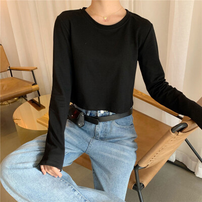 

Womens Solid Round Neck Loose Casual Crop Top Blouse Long Sleeve Warm Pullover