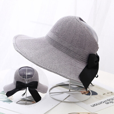 

New Fashion Elegant Summer Female Bow Knitted Wool Straw Empty Hat Outdoor Travel Portable Foldable Sunscreen Beach Sunshade Hat