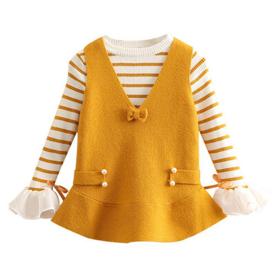 

New Autumn Casual Baby Girls Stripe Print Long Flare Sleeve 2 Piece Dress Kids Princess Dresses