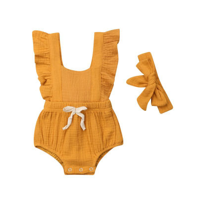 

Summer Newborn Baby Girls Set Flare Sleeve Backless Rompers Solid Pattern Cotton One-Piece Romper Headband 2Pcs Romper Sets