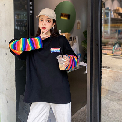 

Colour Striped Patchwork Femal Tshirt Autumn Casual Long Sleeve Women Tops Loose O-Neck Women Shirt