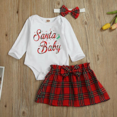 

UK Newborn Baby Girl Christmas Santa Claus Romper Tops Skirt Cotton Xmas Clothes