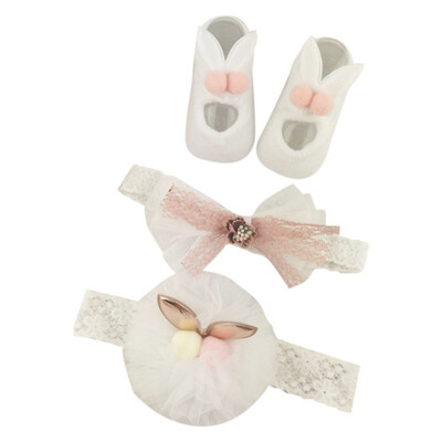 

Newborn Baby Cartoon Bowknot Flower Design Cotton Socks With Hairband Photography Props Set