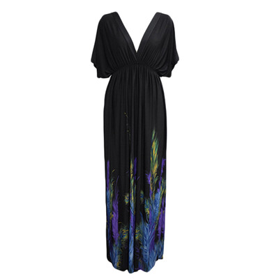 

Sexy Women Plunge V Neck Print Plus Size Dress Ruched Big Size Maxi Party Dress Black