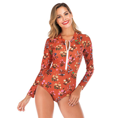 

New Swimwear Women Sexy Long Sleeve Swimsuit Printed Diving Suit Front Zipper One Piece Swimsuit Beach Swimsuit