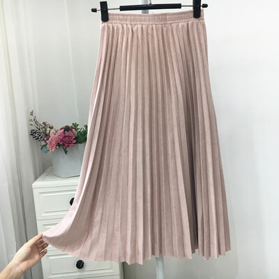 

Autumn Winter 2019 Women Pleated Skirt Elastic High Waist Long Skirts Casual Vintage A-line Suede Party Skirt Ladies Black Pink