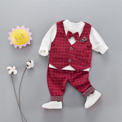 

New Autumn Baby Boy Long Sleeve Gentleman Soft Cotton T-Shirt TopsPlaid VestLong Pants Trousers Toddler Outfits